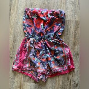 Angie Floral Strapless Romper in Red and Purple